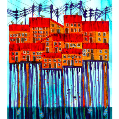 Ilustração de casas laranja com janelas brancas e longos pilares azuis sobre água escura com barcos.