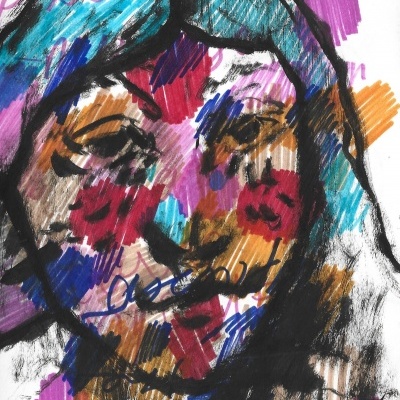 Desenho colorido abstrato de um rosto humano.