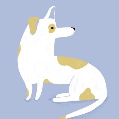 Desenho ilustrativo de cão branco com manchas bege sentado