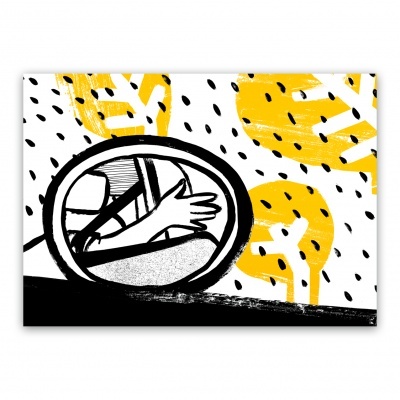 Ilustração gráfica de espelho retrovisor oval com braço de pessoa e fundo com manchas amarelas e pontos pretos.