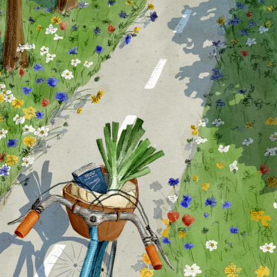 Bicicleta azul com cesto e flores ao lado de uma estrada
