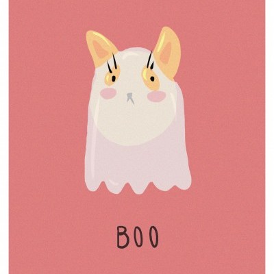 Ilustração de gato vestido de fantasma com texto 'BOO' num fundo cor-de-rosa