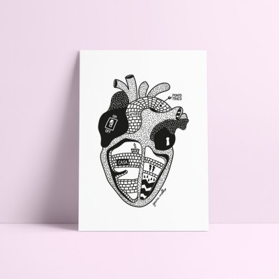 Cartaz branco com desenho preto e branco de um coração anatómico com padrões geométricos