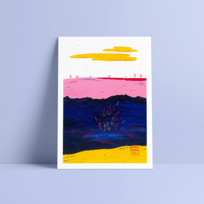 Impressão artística colorida com faixas horizontais e detalhes abstratos