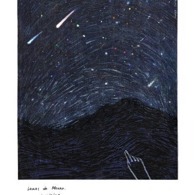 Ilustração de céu noturno com estrelas, cometas, montanhas e texto manuscrito