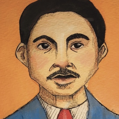 Ilustração de homem de fato azul e gravata vermelha com fundo laranja