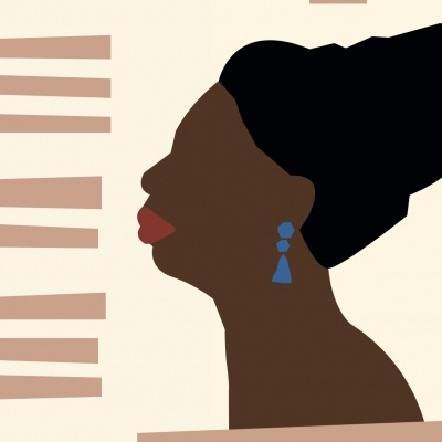 Ilustração de perfil feminino com brincos azuis e fundo com padrões lineares