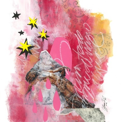 Imagem artística colorida com homens entrelaçados, estrelas e gotas em tons rosa e vermelho