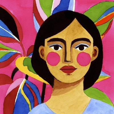 Ilustração de mulher com folhas coloridas em fundo rosa