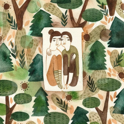 Ilustração com padrão de árvores verdes e castanhas e duas pessoas abraçadas ao centro