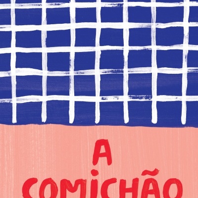 Capa de livro com padrão quadriculado branco sobre fundo azul e título A COMICHÃO em vermelho sobre fundo cor de salmão