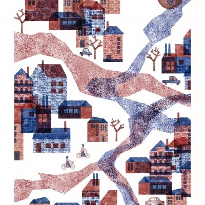 Ilustração estilizada de uma cidade com casas coloridas e caminhos