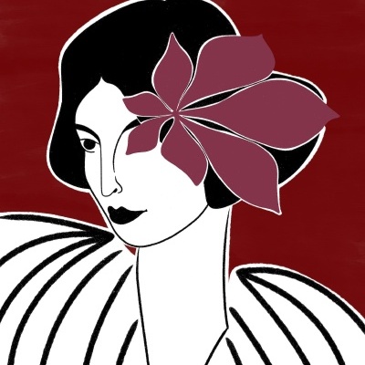 Ilustração de mulher com flor roxa no cabelo e roupa às riscas preto e branco