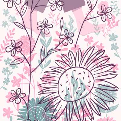 Ilustração de flores em tons rosa e roxo com pernas vestindo calças roxas