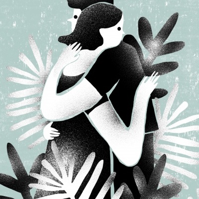 Ilustração de casal abraçado com folhas ao redor em fundo azul esverdeado