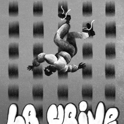 Ilustração em preto e branco de homem caindo de edifício com texto LA HAINE em graffiti
