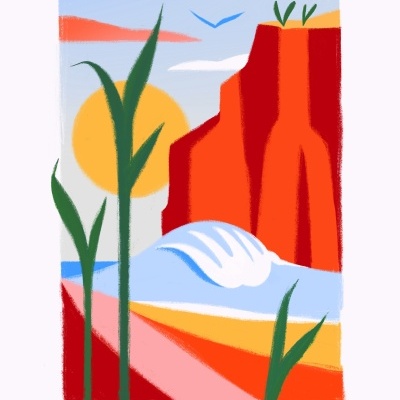 Ilustração de paisagem litorânea com falésia vermelha, mar e plantas verdes