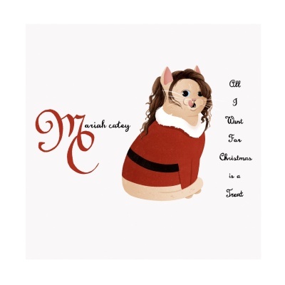 Ilustração de gato vestido de Natal com texto alusivo ao Natal