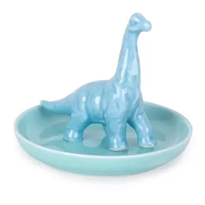 Prato azul claro com dinossauro de cerâmica no meio