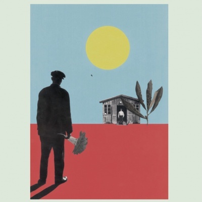 ilustração de homem a segurar ramo, cabana, sol e folhas grandes