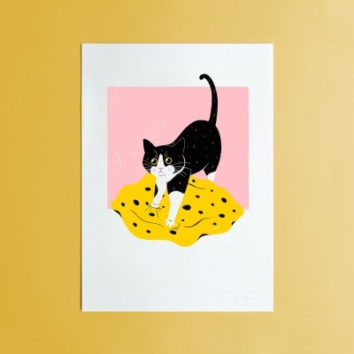 Ilustração de um gato preto e branco sobre fundo rosa e amarelo numa folha branca