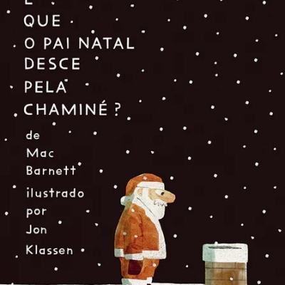 Capa de livro com Pai Natal e chaminé sobre fundo preto com flocos de neve.