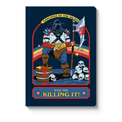 Capa de caderno azul com ilustração colorida e texto motivacional