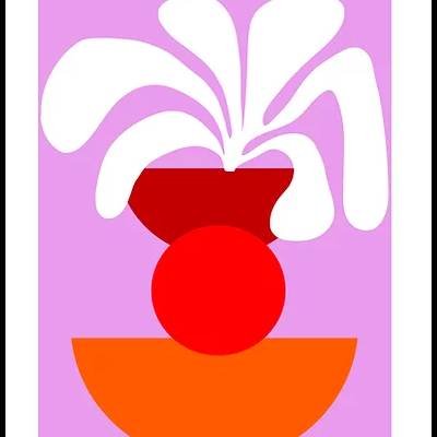 Ilustração abstrata com formas vermelhas, laranja e padrões brancos em fundo lilás