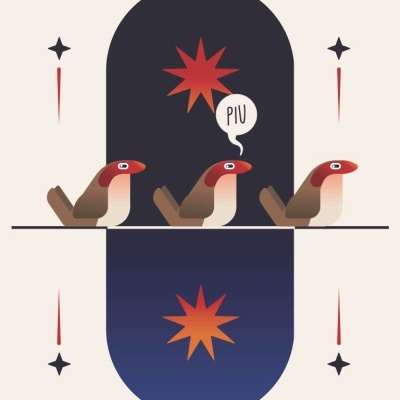 Ilustração de três pássaros castanho e vermelho com balão de fala 'PIU' e formas geométricas no fundo