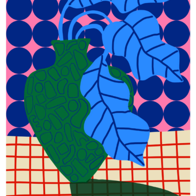 Vaso verde com folhas azuis sobre superfície quadriculada e fundo de círculos azuis