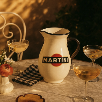 Jarro cerâmico MARTINI com bebidas, flores e cinzeiro numa mesa redonda clara