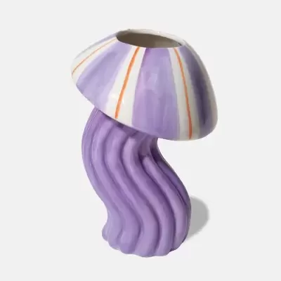 Vaso cerâmico lilás com topo branco e riscas laranjas