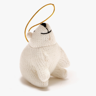 Ornamento de urso polar tecido branco com fio dourado para pendurar