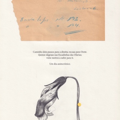 Papel com escrita manuscrita azul, texto em português e desenho de flor murcha preta e branca com ponto amarelo.