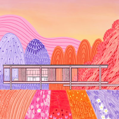Ilustração de casa moderna em campo florido com colinas e céu colorido