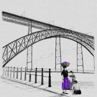 Desenho a preto e branco de ponte de ferro com três pessoas em roupa tradicional e cesto