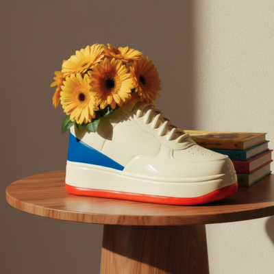 Vaso em forma de sapatilha com flores amarelas numa mesa de madeira