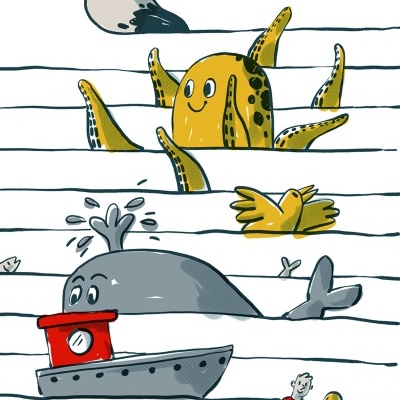 Ilustração colorida com polvo, baleia e barco em linhas horizontais