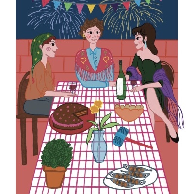 Ilustração de três pessoas à mesa com comida e decoração festiva