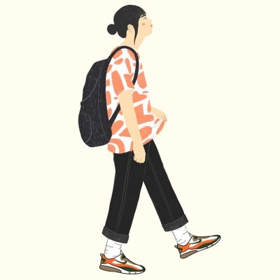 Ilustração de pessoa com roupa casual e mochila, a andar