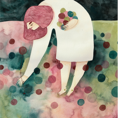 Ilustração aguarelada de figura feminina com vestido branco e bolas coloridas em cenário abstrato.