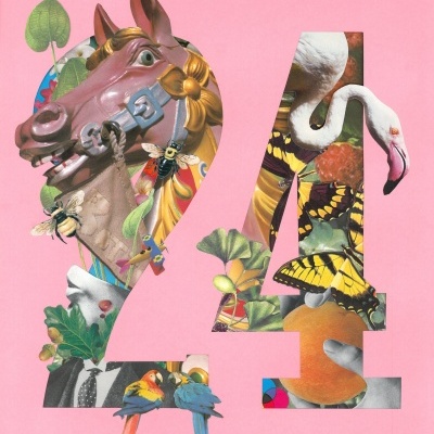 Número 24 com design artístico de cavalo de carrossel e flamingo