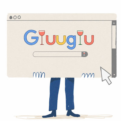 Ilustração de janela de navegador com texto e taças de vinho