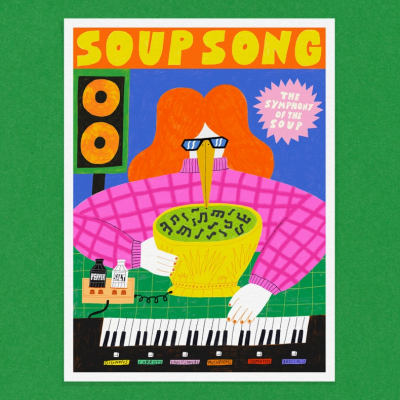 Cartaz ilustrado com pessoa a segurar tigela de sopa verde sobre teclado de piano com textos de ingredientes e títulos