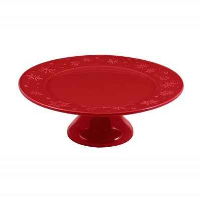 Prato decorativo vermelho em cerâmica com padrão de flocos de neve.