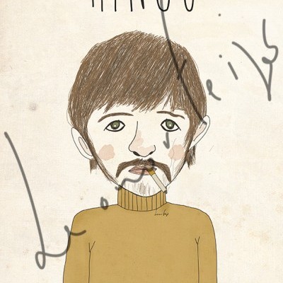 Ilustração de homem com camisola castanha, cabelo castanho e cigarro na boca sob o texto RINGO