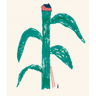 Ilustração de casa vermelha no topo de planta gigante verde com escada e pessoa na base