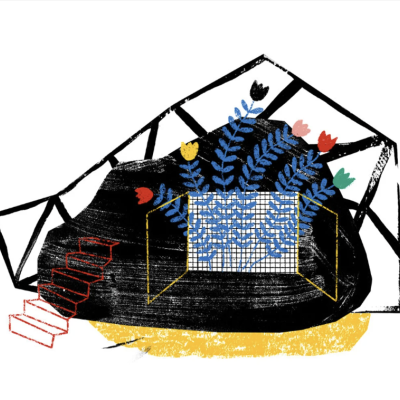 Ilustração abstrata de estrutura geométrica com escada, janela aberta e plantas coloridas