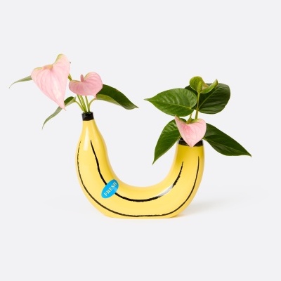 Vaso cerâmico amarelo em forma de banana com plantas e flores cor-de-rosa
