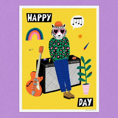 Ilustração de personagem com cabeça de tigre, guitarra e amplificador, com texto HAPPY DAY.